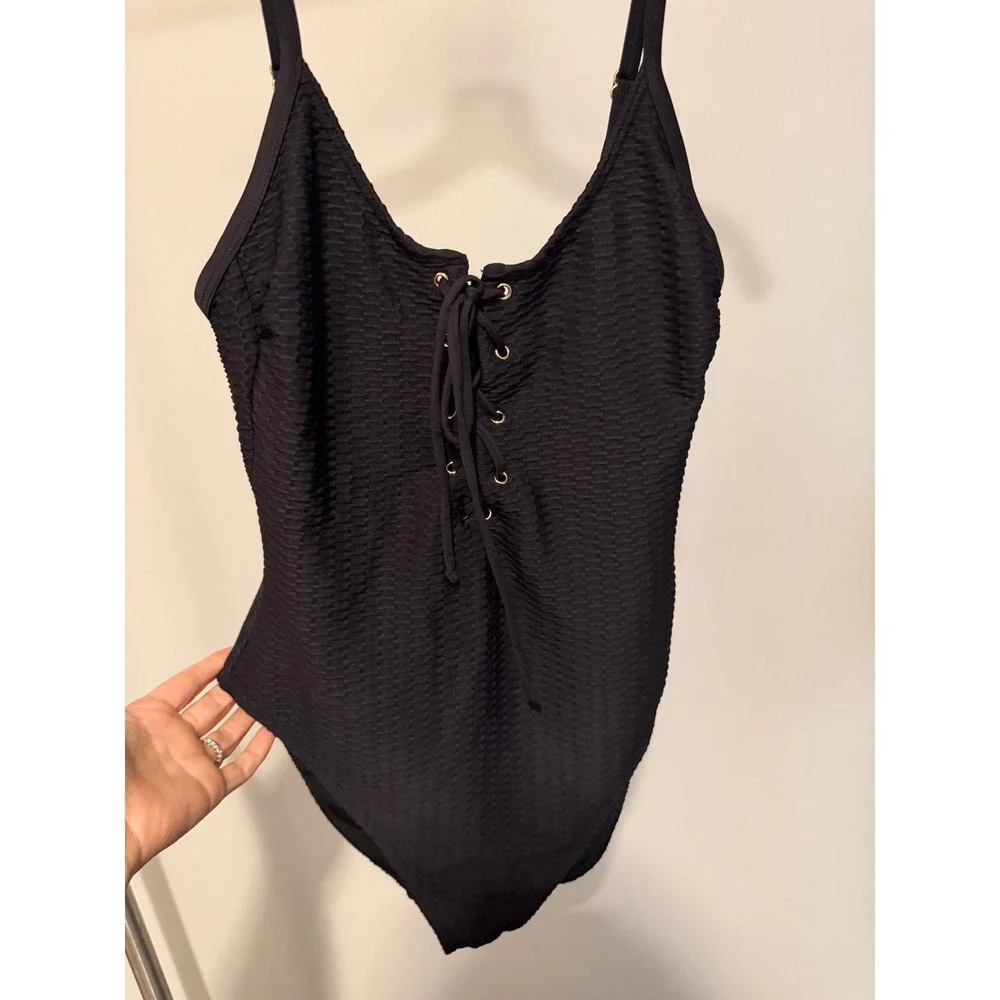 Kenneth‎ Cole Black Textured Lace-Up Front One-Piece Swimsuit